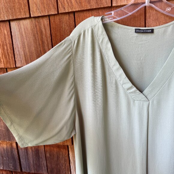 EUC Eileen Fisher Sea Green Short Sleeve Silk Georgette Crepe Tunic - X-Large - Picture 2 of 9